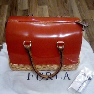 Furla rare Papaya Wicker Redish Orange Like New Dust bag Tags Care Card Included